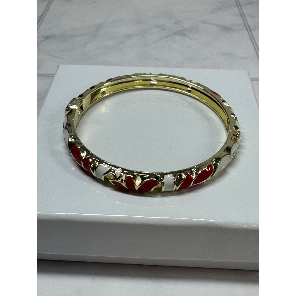 Yiwu Gold Tone Red White Enamel Scroll Hinged Bangle Bracelet Floral NWT